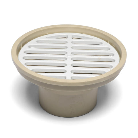 Beige and white PVC underground gully head with a slotted grate, designed for drainage systems. The plumbing fitting is