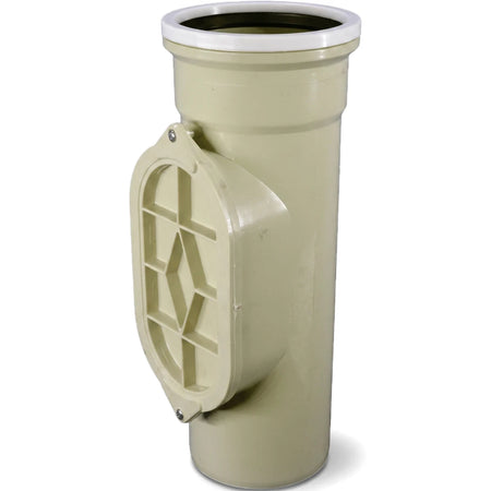 A beige PVC underground inspection pipe, featuring an oval access port with a grid pattern on its side, viewed from an angle.