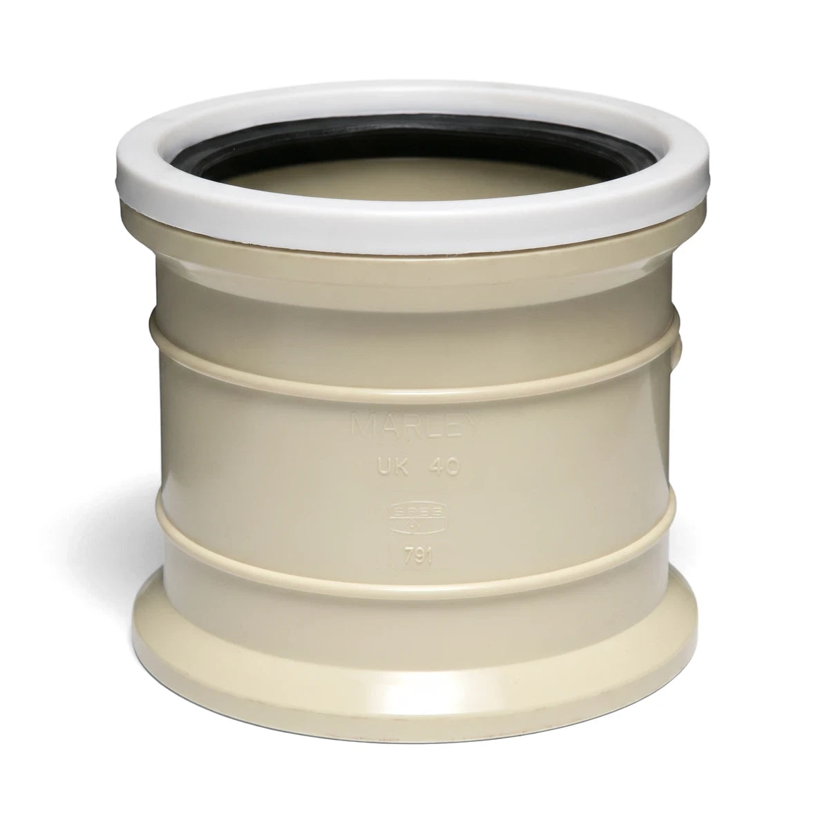 Beige PVC Underground Kimberley Socket with a white rim and black rubber seal, featuring Marley branding, shown upright.