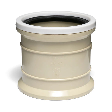 Beige PVC Underground Kimberley Socket with a white rim and black rubber seal, featuring Marley branding, shown upright.