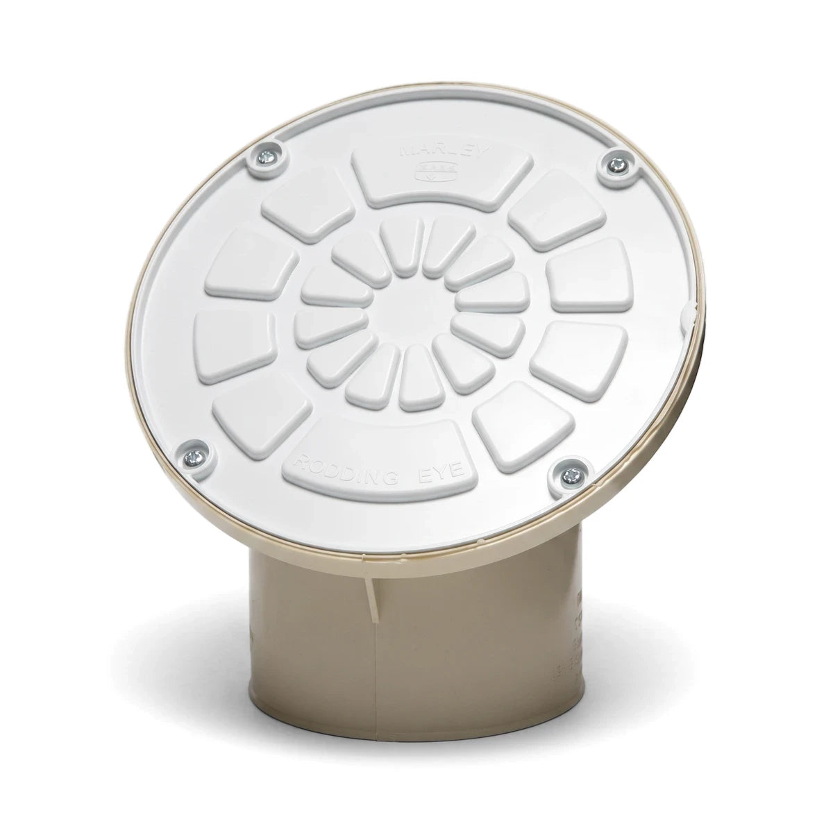 A white and beige PVC underground oval shape rodding eye with a patterned lid and visible text 'MARLEY' and 'RODDING EYE'.