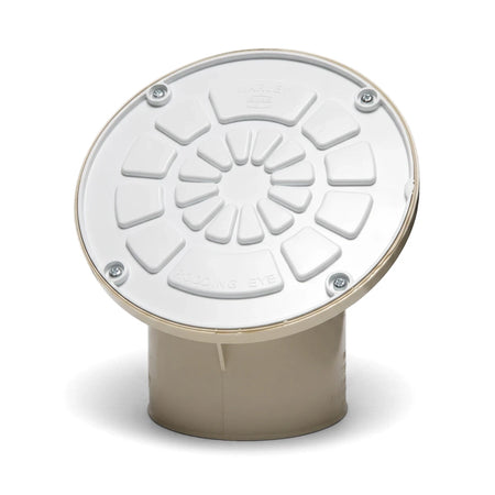 A white and beige PVC underground oval shape rodding eye with a patterned lid and visible text 'MARLEY' and 'RODDING EYE'.