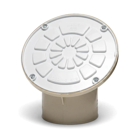 A white and beige PVC underground oval shape rodding eye with a patterned lid and visible text 'MARLEY' and 'RODDING EYE'.