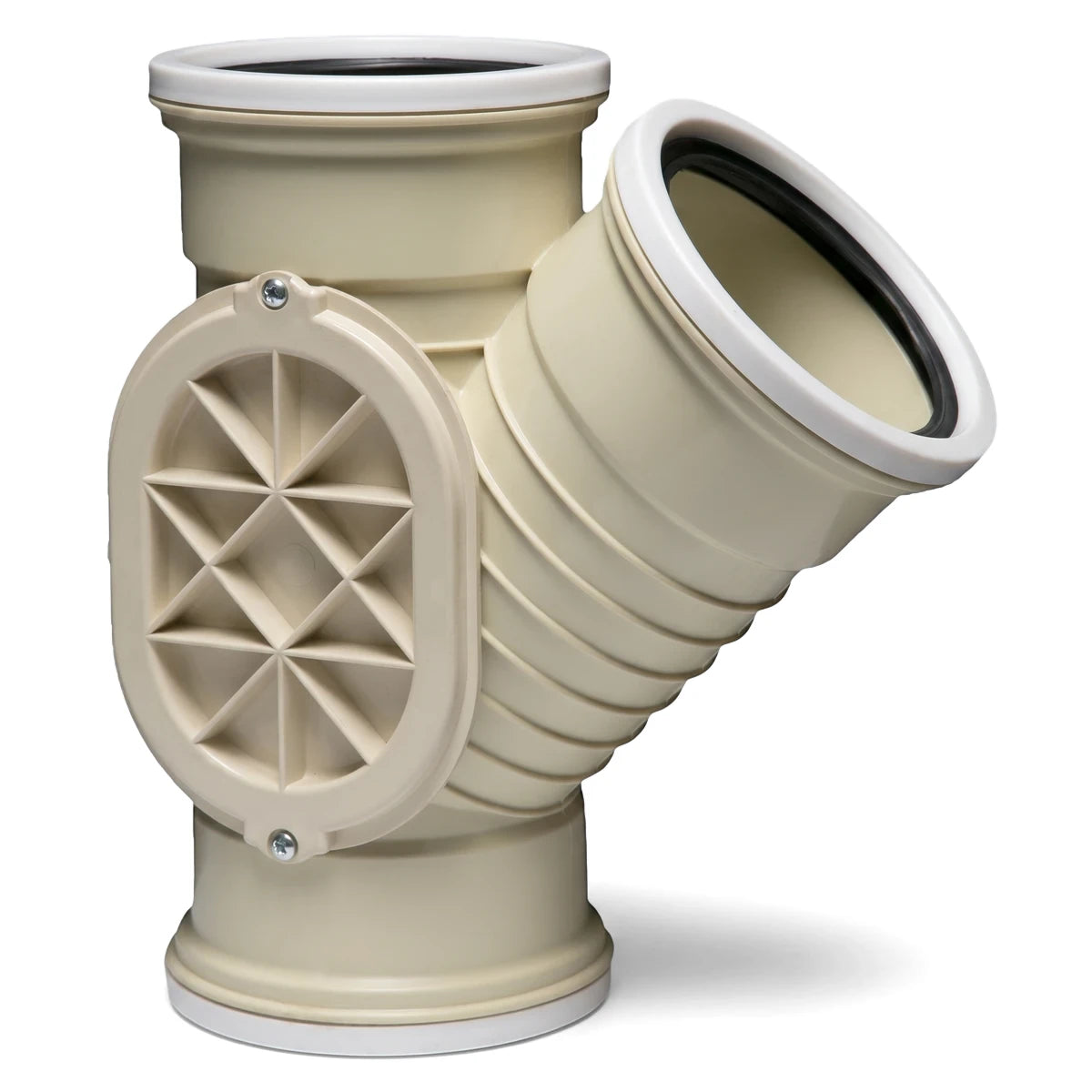 Beige PVC underground ribbed junction with a 45-degree right access panel, featuring prominent ribbing and black seals.