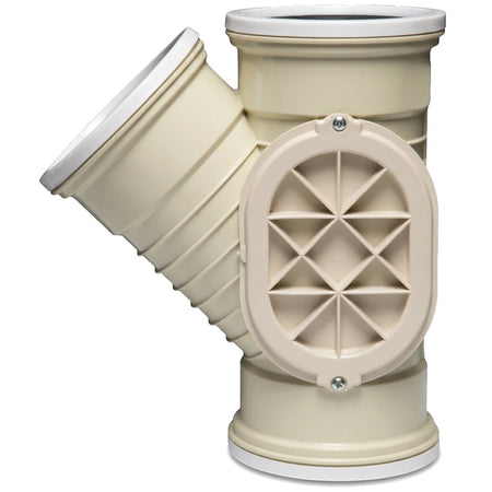 Beige PVC underground ribbed junction with left access and a 45-degree angle for plumbing systems.