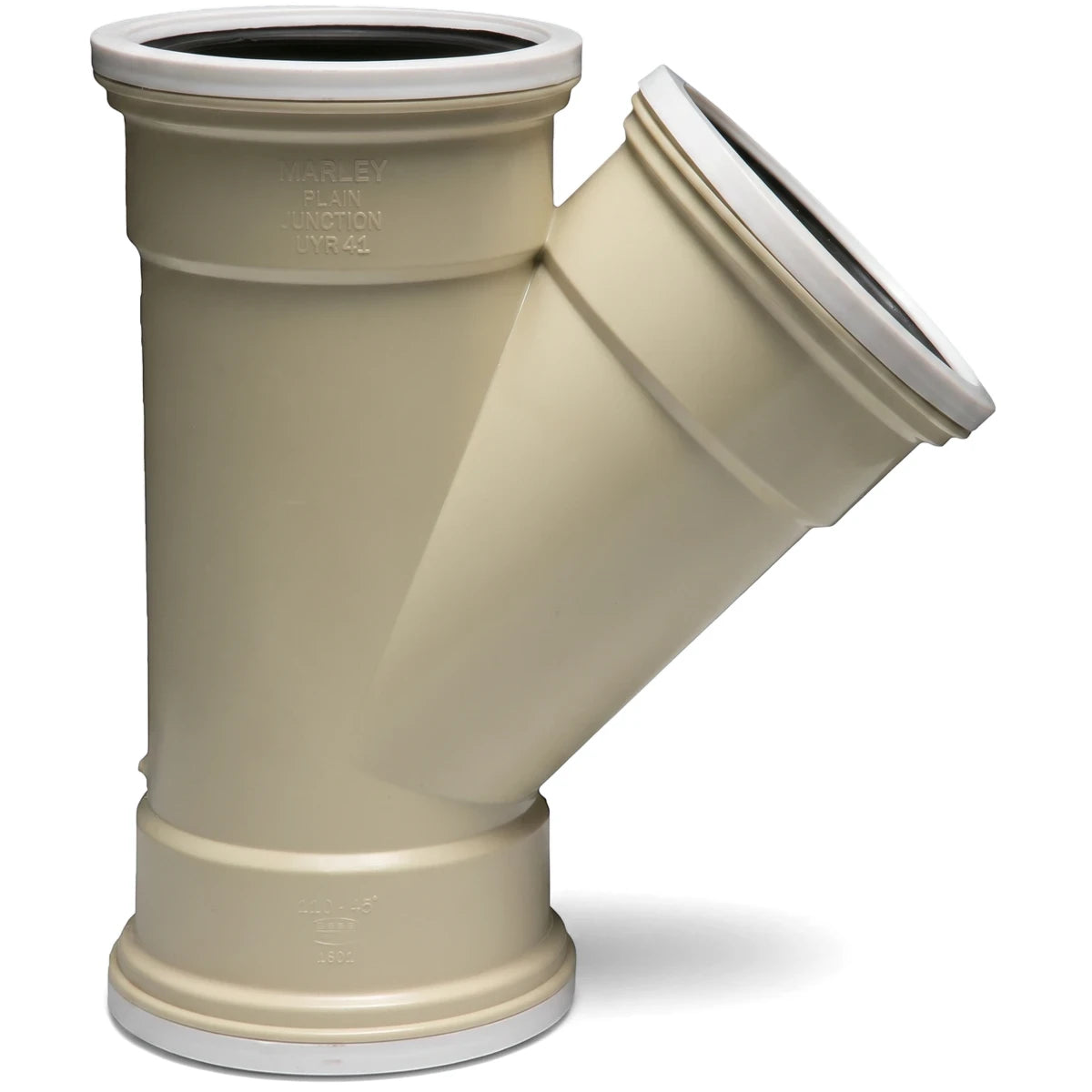 Beige PVC underground ribbed plain junction, Y-shaped with a 45-degree angle, for plumbing applications.