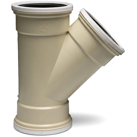 Beige PVC underground ribbed plain junction, Y-shaped with a 45-degree angle, for plumbing applications.