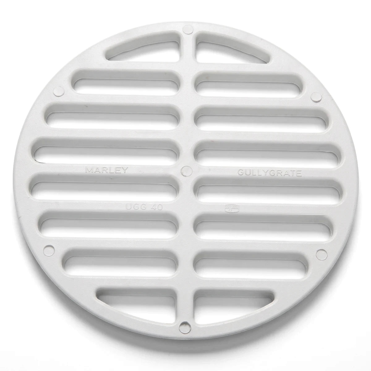 White PVC underground round gully grate with horizontal slots and "Marley Gullygrate UGG 40" branding, viewed from above.