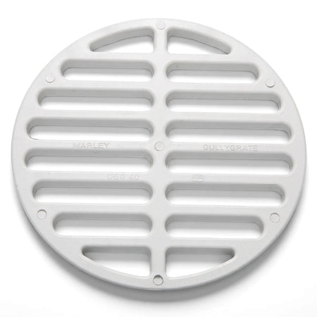 White PVC underground round gully grate with horizontal slots and "Marley Gullygrate UGG 40" branding, viewed from above.