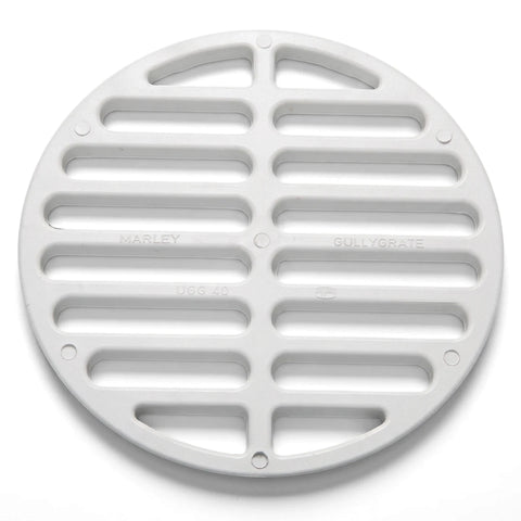 White PVC underground round gully grate with horizontal slots and "Marley Gullygrate UGG 40" branding, viewed from above.