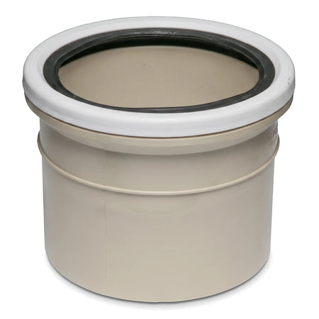 Beige plastic PVC underground single socket plumbing fitting with a white rim and black rubber seal.