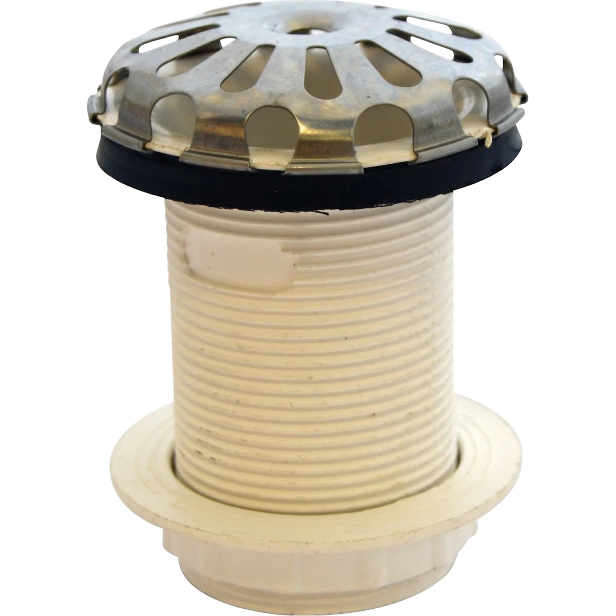White 40mm PVC urinal waste drain with a threaded body, black rubber gasket, and a perforated stainless steel dome top.