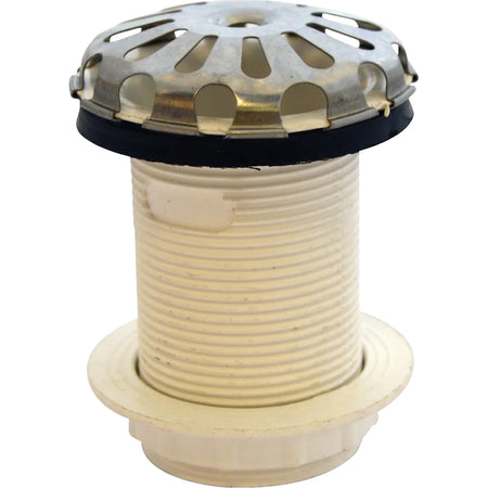 White 40mm PVC urinal waste drain with a threaded body, black rubber gasket, and a perforated stainless steel dome top.