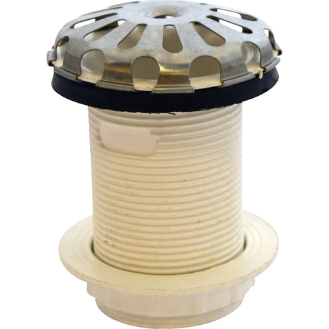 White 40mm PVC urinal waste drain with a threaded body, black rubber gasket, and a perforated stainless steel dome top.