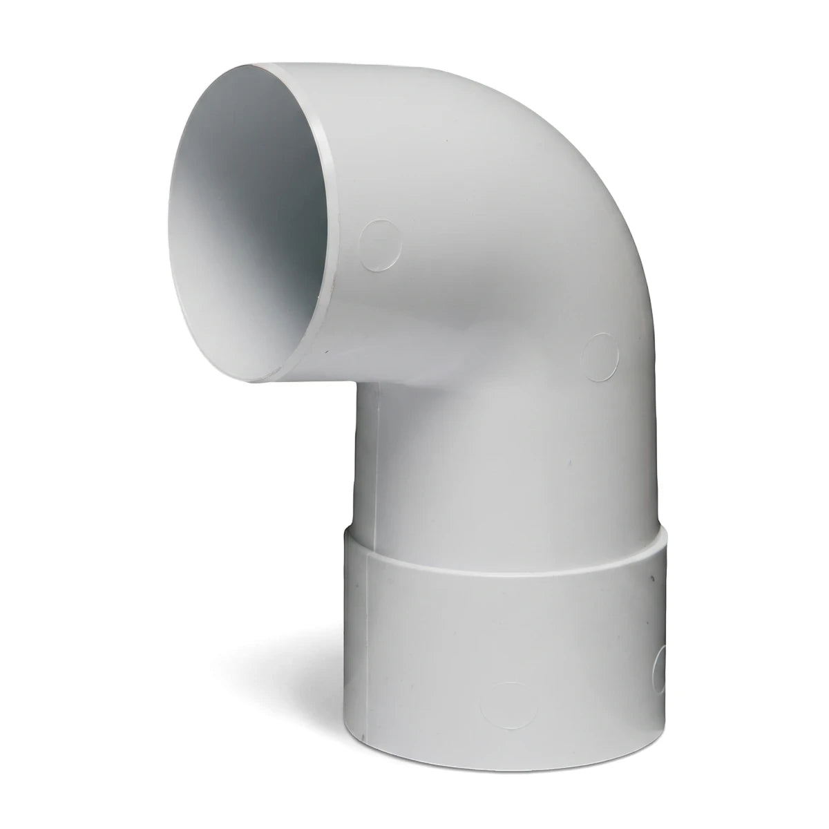 White PVC Vynadeep 90-degree downpipe bend for plumbing and drainage systems, shown in a clean studio shot.