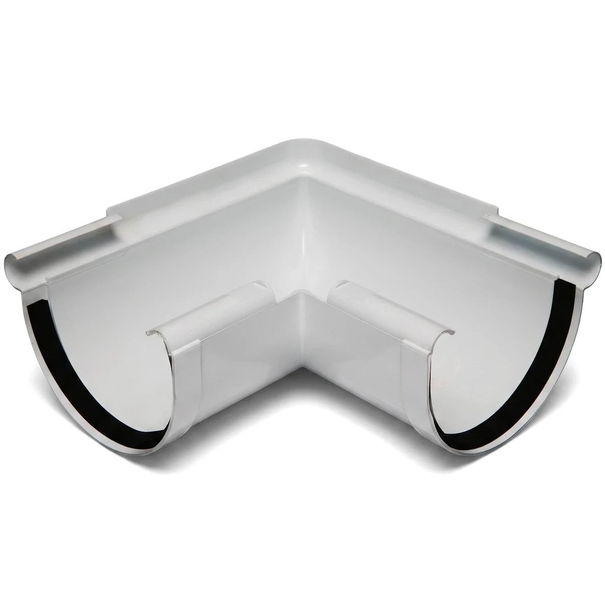 White 90-degree PVC Vynadeep external gutter angle, viewed from an overhead perspective showing the interior.