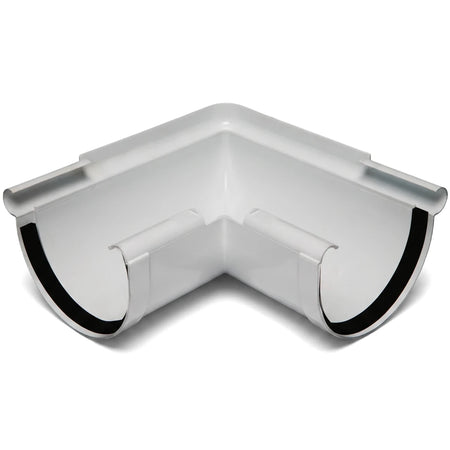 White 90-degree PVC Vynadeep external gutter angle, viewed from an overhead perspective showing the interior.
