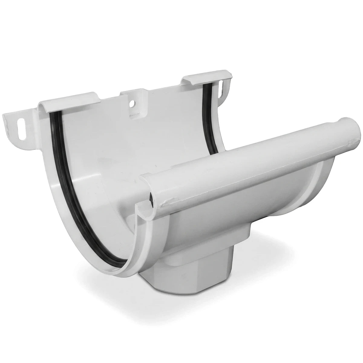 PVC Vynadeep gutter outlet in white PVC with black rubber seals, side view downpipe connector for rainwater drainage
