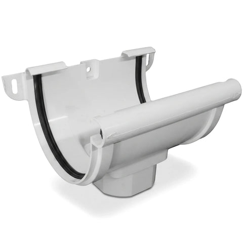 PVC Vynadeep gutter outlet in white PVC with black rubber seals, side view downpipe connector for rainwater drainage
