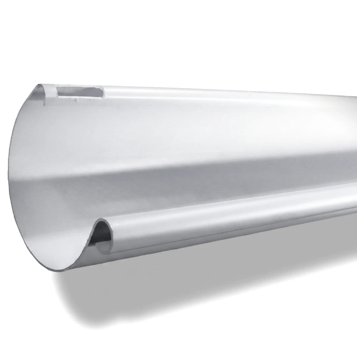 A white Pvc Vynadeep gutter profile, 6M length, shown from an angled perspective highlighting its U-shape and channel.