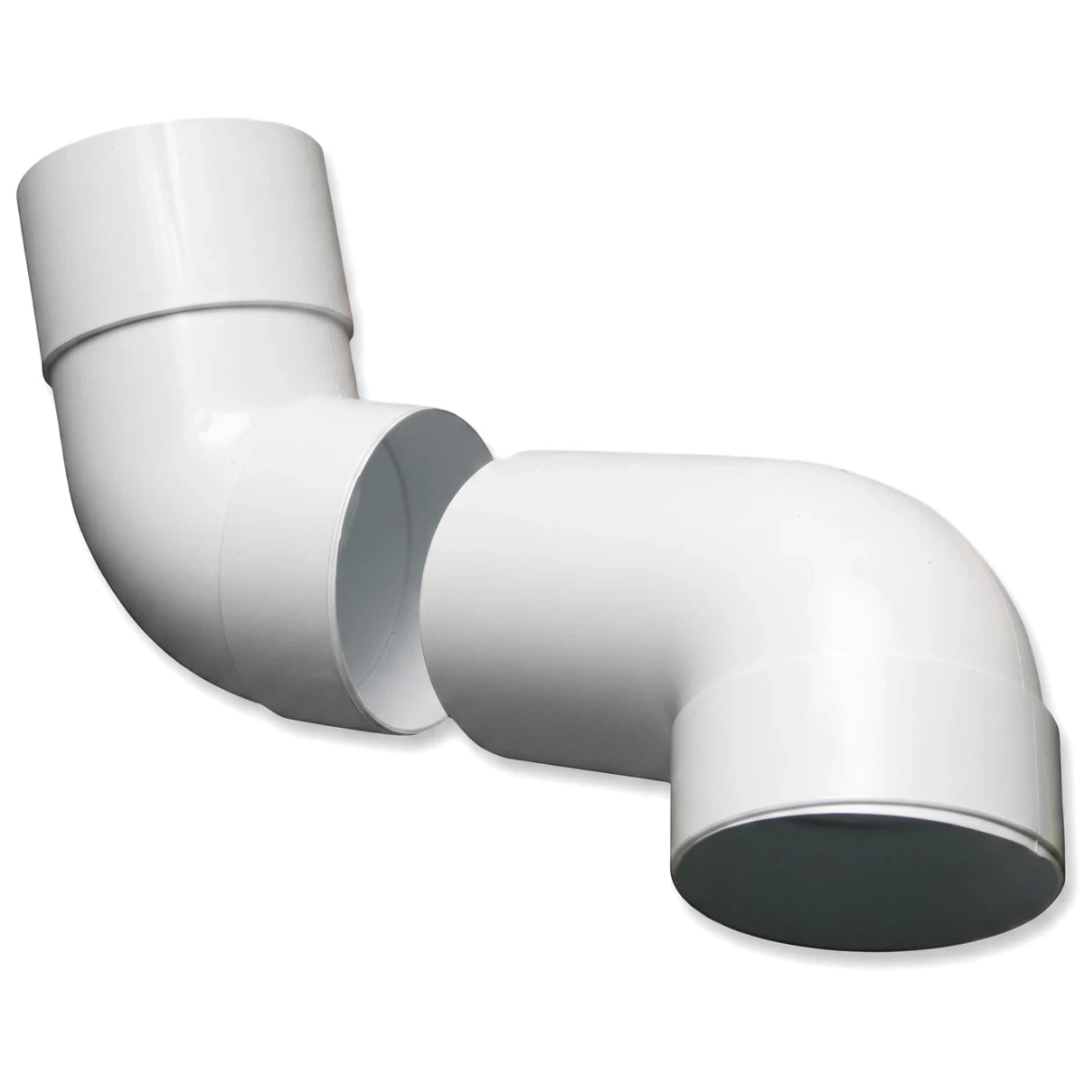Two white PVC Vynadeep swan neck downpipe ends, curved and shown nearly connecting.
