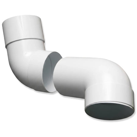 Two white PVC Vynadeep swan neck downpipe ends, curved and shown nearly connecting.