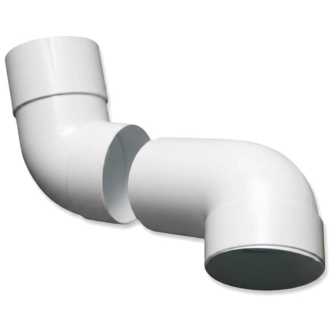Two white PVC Vynadeep swan neck downpipe ends, curved and shown nearly connecting.