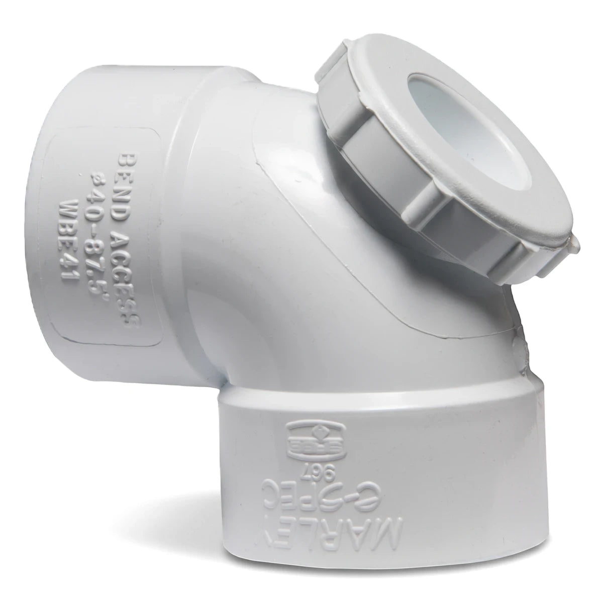White PVC waste E-Spec bend with a 40mm x 87.5-degree angle and an inspection eye, seen from a slight angle.