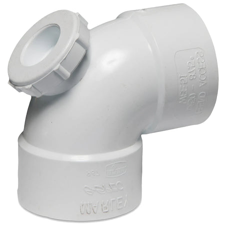 White PVC Waste E-Spec Bend with Access Heel, 50mm x 87.5-degree plumbing pipe fitting for drainage systems.