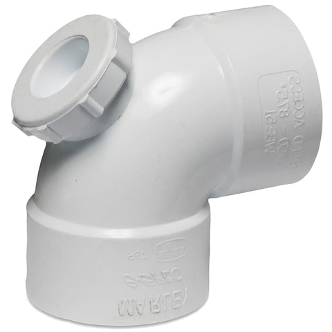 White PVC Waste E-Spec Bend with Access Heel, 50mm x 87.5-degree plumbing pipe fitting for drainage systems.
