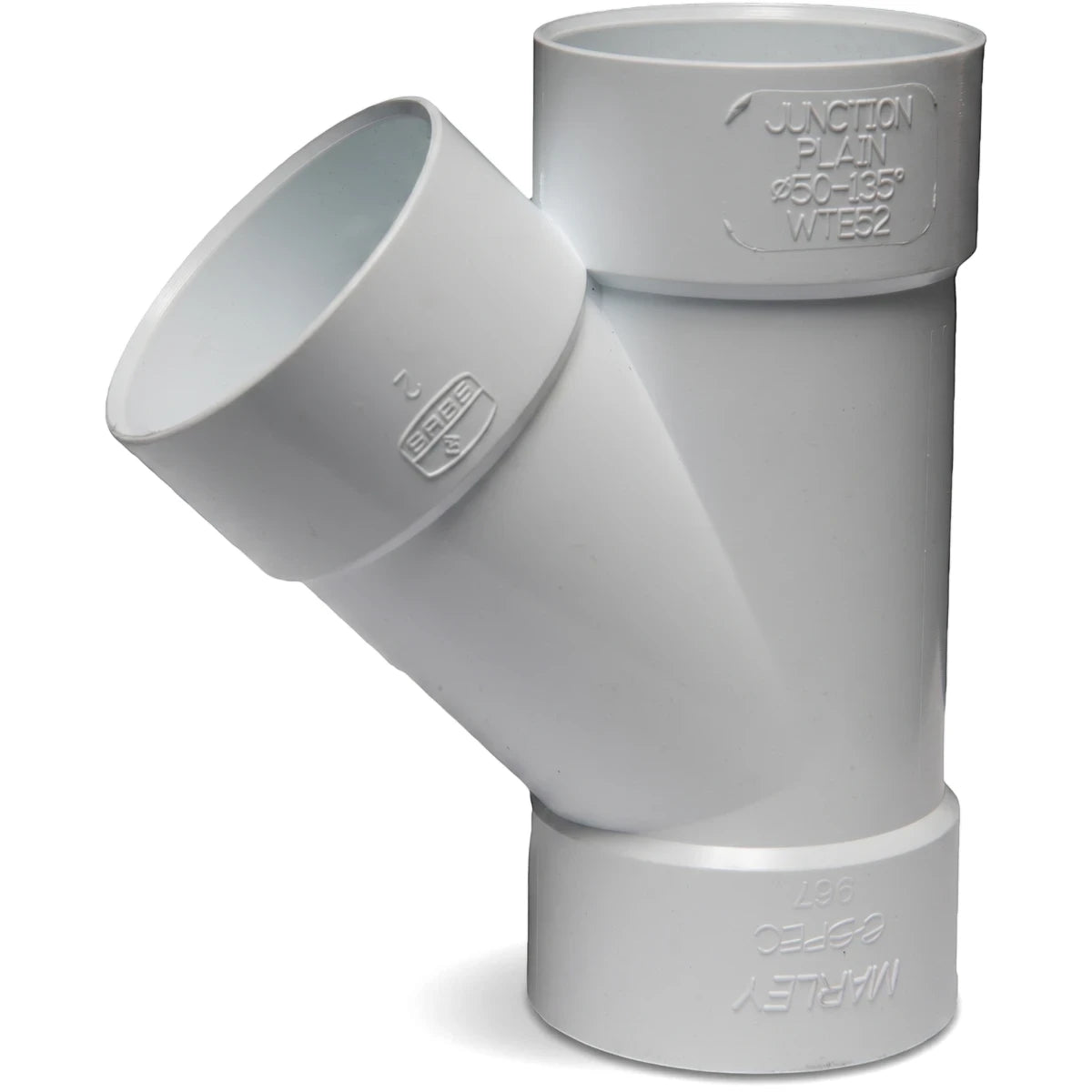 White PVC waste e-spec plain junction pipe, 50mm diameter, angled at 135 degrees, suitable for plumbing systems.