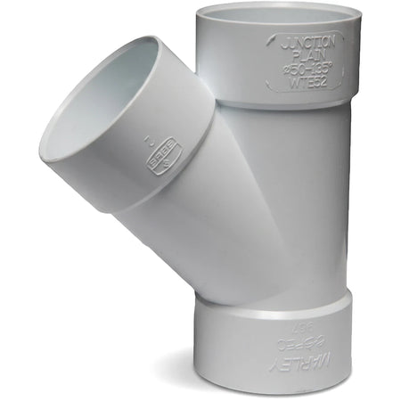 White PVC waste e-spec plain junction pipe, 50mm diameter, angled at 135 degrees, suitable for plumbing systems.