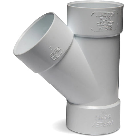 White PVC waste e-spec plain junction pipe, 50mm diameter, angled at 135 degrees, suitable for plumbing systems.