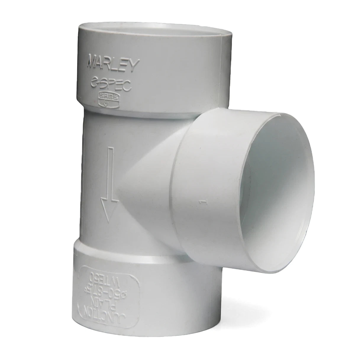 White PVC waste e-spec plain junction for 50mm pipes with an 87.5-degree angle, showing embossed branding.
