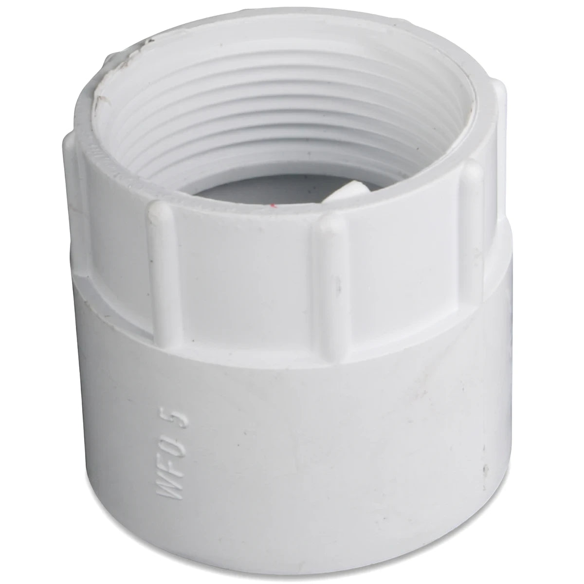 A white PVC waste female BSP adapter, cylindrical with internal threads and external ribs, displayed on a plain background.