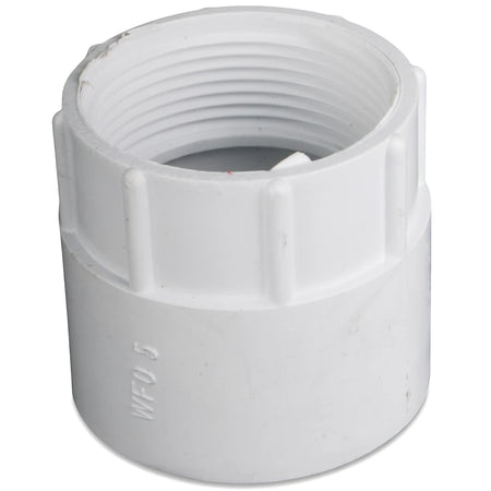 A white PVC waste female BSP adapter, cylindrical with internal threads and external ribs, displayed on a plain background.