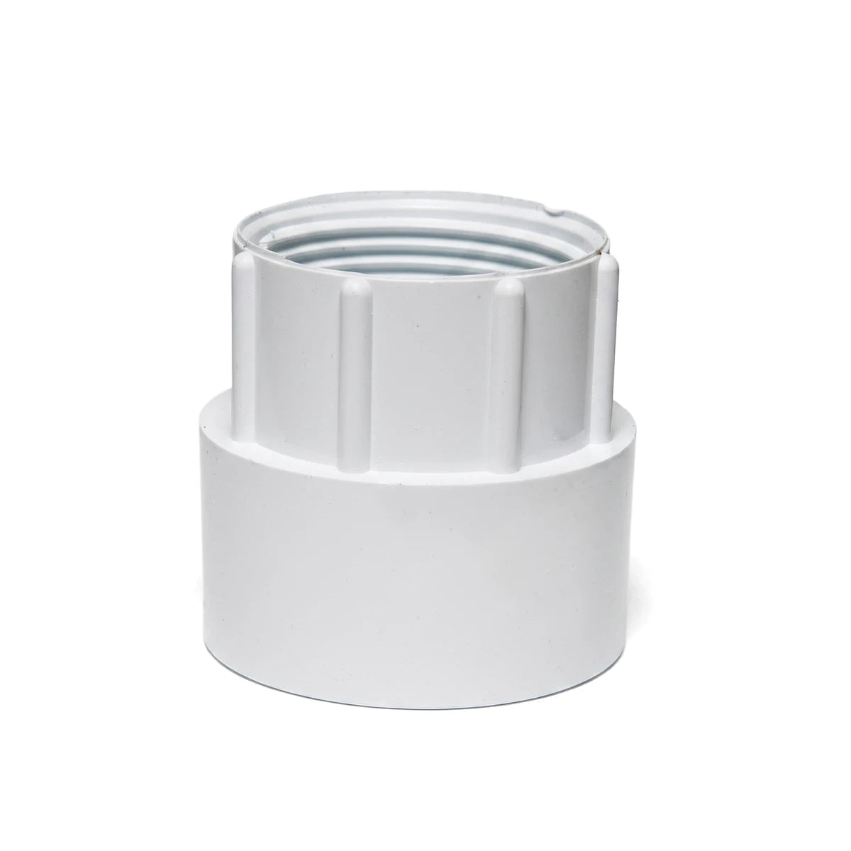 White PVC waste female BSP adapter, 1 1/2" x 40mm, featuring a threaded top and ribbed body, shown standing upright.