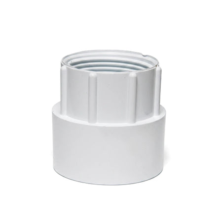 White PVC waste female BSP adapter, 1 1/2" x 40mm, featuring a threaded top and ribbed body, shown standing upright.