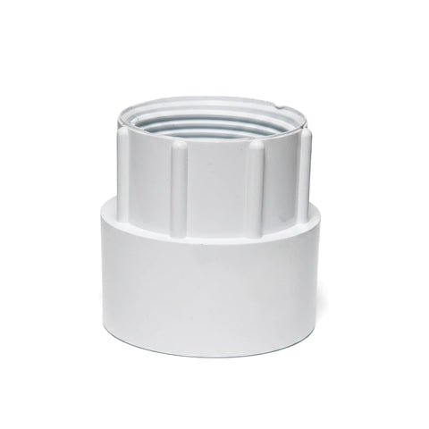 White PVC waste female BSP adapter, 1 1/2" x 40mm, featuring a threaded top and ribbed body, shown standing upright.