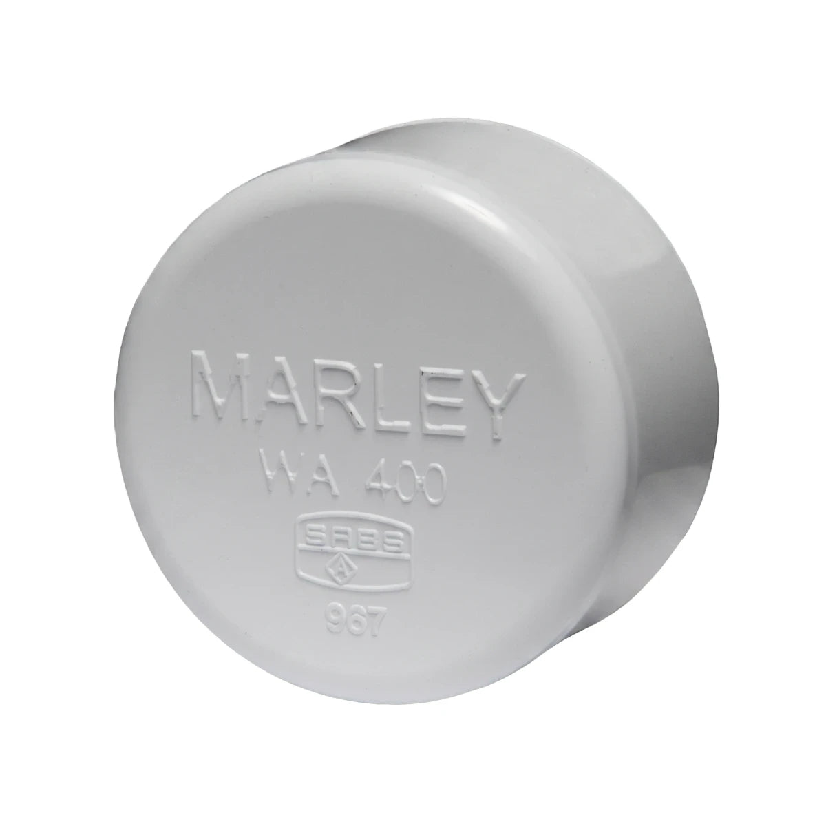 White 40mm PVC waste female stopend cap with Marley branding and SABS mark, shown from a slightly elevated perspective.