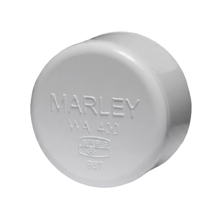 White 40mm PVC waste female stopend cap with Marley branding and SABS mark, shown from a slightly elevated perspective.