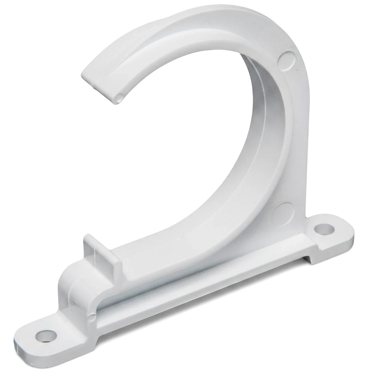 PVC Waste Pipe Clip 50mm in white plastic, open ring bracket with screw holes for securing waste pipe runs.