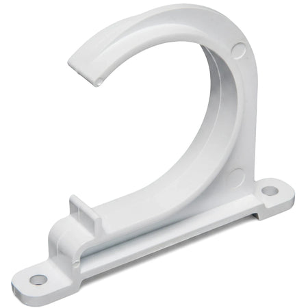 PVC Waste Pipe Clip 50mm in white plastic, open ring bracket with screw holes for securing waste pipe runs.