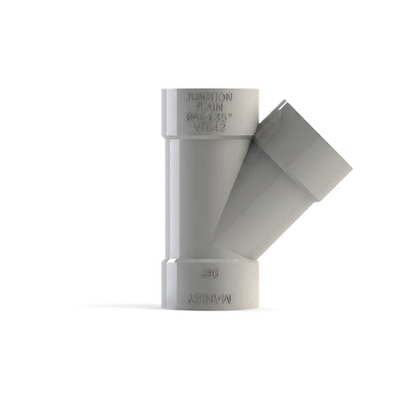 White PVC waste plain junction plumbing fitting, 40mm diameter with a 135-degree branch for water systems.