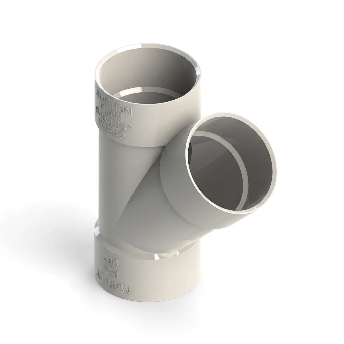 White PVC waste plain junction pipe fitting, 40mm x 135-degree angle, designed for plumbing systems.