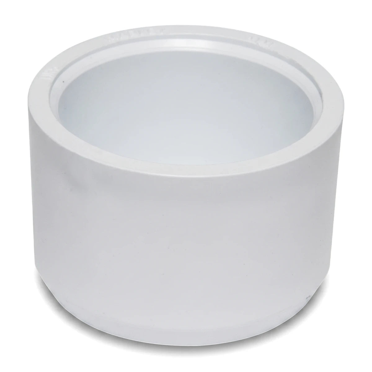 White PVC waste socket reducer, 50mm x 40mm, featuring its cylindrical shape and top opening from a slightly elevated view.