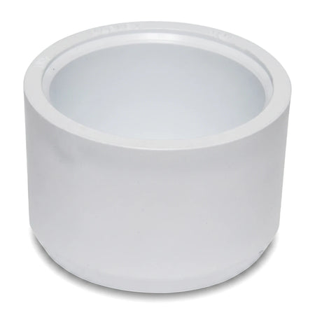 White PVC waste socket reducer, 50mm x 40mm, featuring its cylindrical shape and top opening from a slightly elevated view.