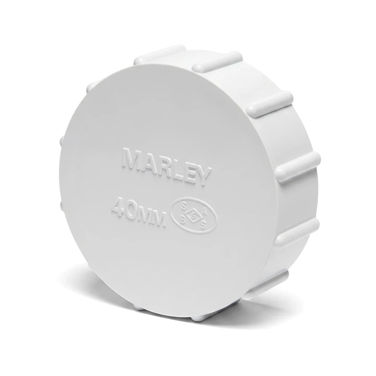 White PVC waste stopend, 40mm, with a circular design and ribbed sides, for plumbing applications.