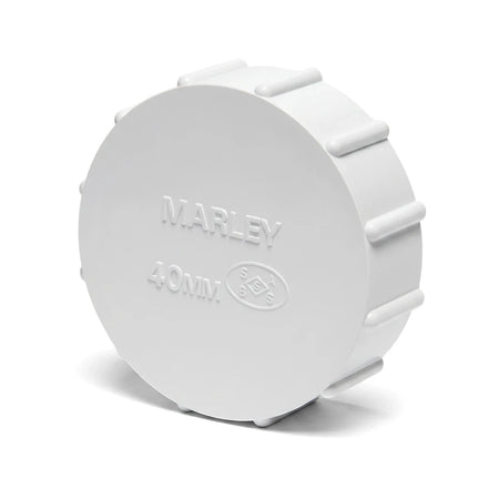White PVC waste stopend, 40mm, with a circular design and ribbed sides, for plumbing applications.