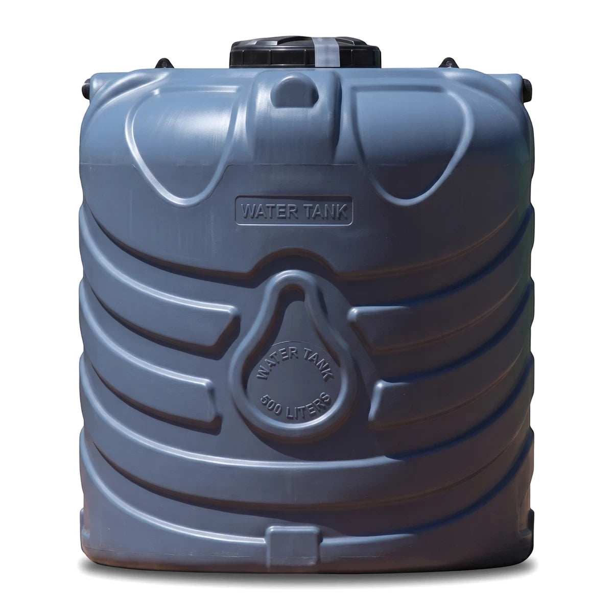 PVC water tank 2000L light grey, ribbed cylindrical storage tank with top lid, front view for water storage